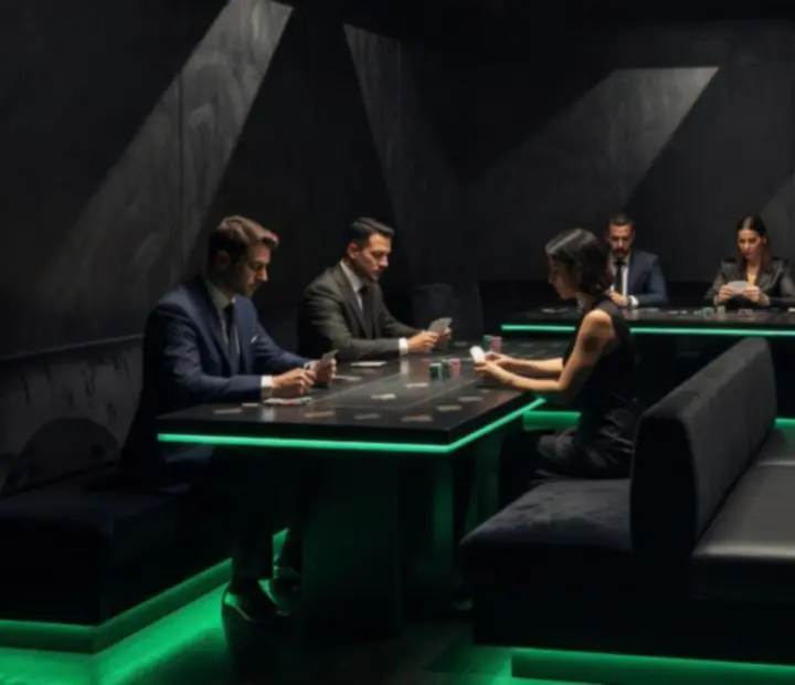 Ambiance lumineuse contrôlée avec jeux de lumière verts et décor de restaurant premium