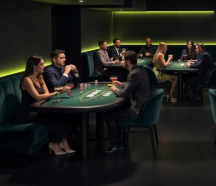 Ambiance lumineuse sombre et acide vert autour d’une table de blackjack chez Monteloria G