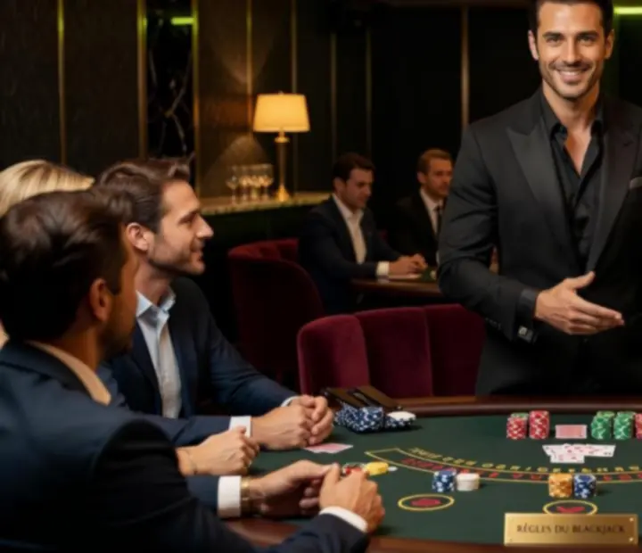 Animateur blackjack accueillant les invités autour d’une table chez Monteloria G