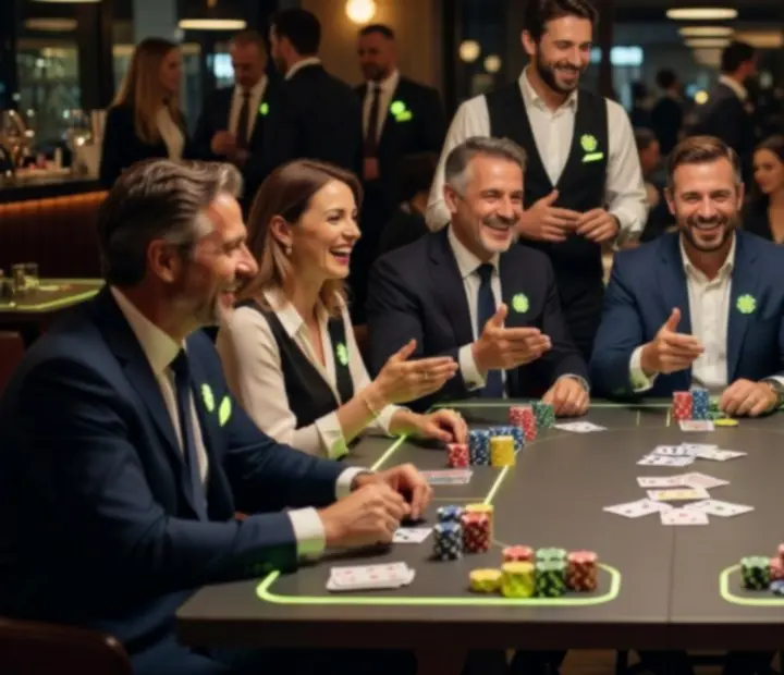 Animation de table avec cartes et jetons fictifs lors d’une soirée d’entreprise