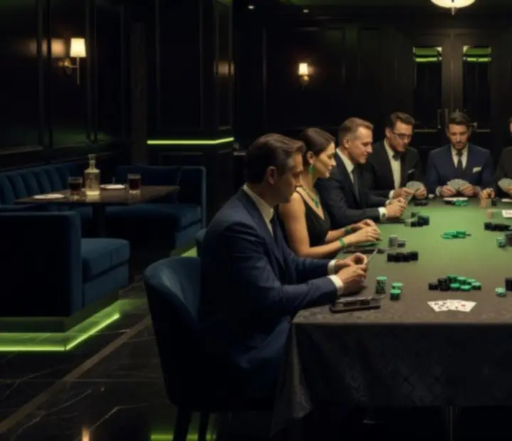 Table de restaurant sombre avec lumière vert acide et ambiance d’animation de table