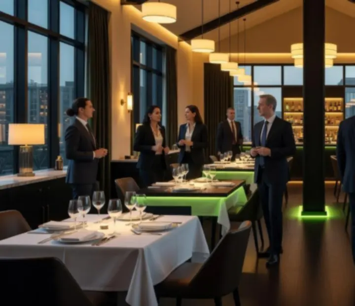 Soirée d’entreprise dans un restaurant à l’ambiance sombre avec lumières vertes et tables animées