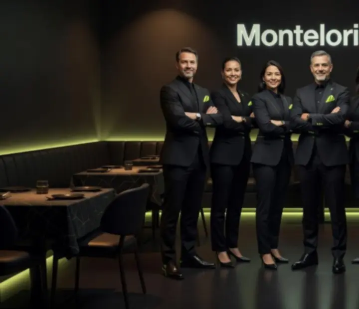 Équipe dirigeante de Monteloria G dans l'ambiance sombre du restaurant