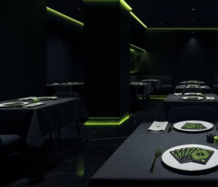 Salle sombre et élégante de Monteloria G avec tables dressées et ambiance lumineuse maîtrisée