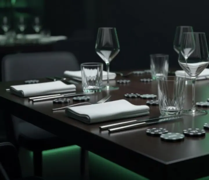 Table de restaurant premium éclairée par une lumière graphique verte, prête à accueillir une soirée à thème