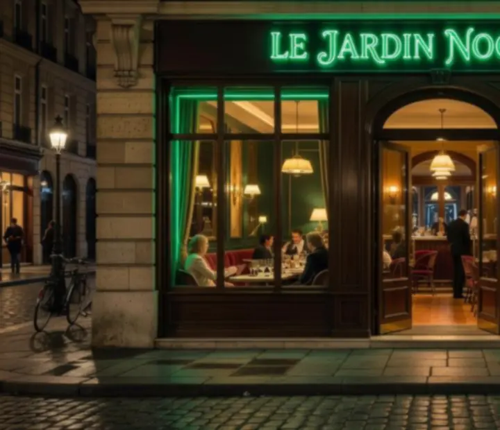 Façade du restaurant Monteloria G de nuit, éclairée en vert acidulé.