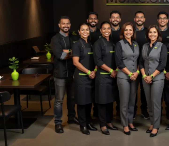 Équipe du restaurant Monteloria G rassemblée dans la salle, hôtes et chefs prêts pour la soirée