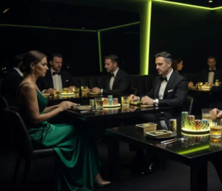 Vue d’ensemble d’une soirée Monteloria G avec tables élégantes et lumière vert acide