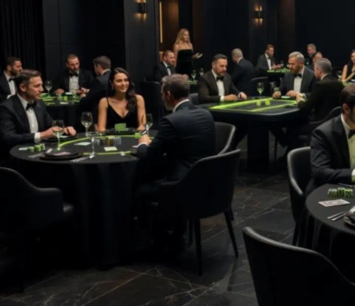 Soirée thématique dans un restaurant sombre avec lumière vert acide et tables animées