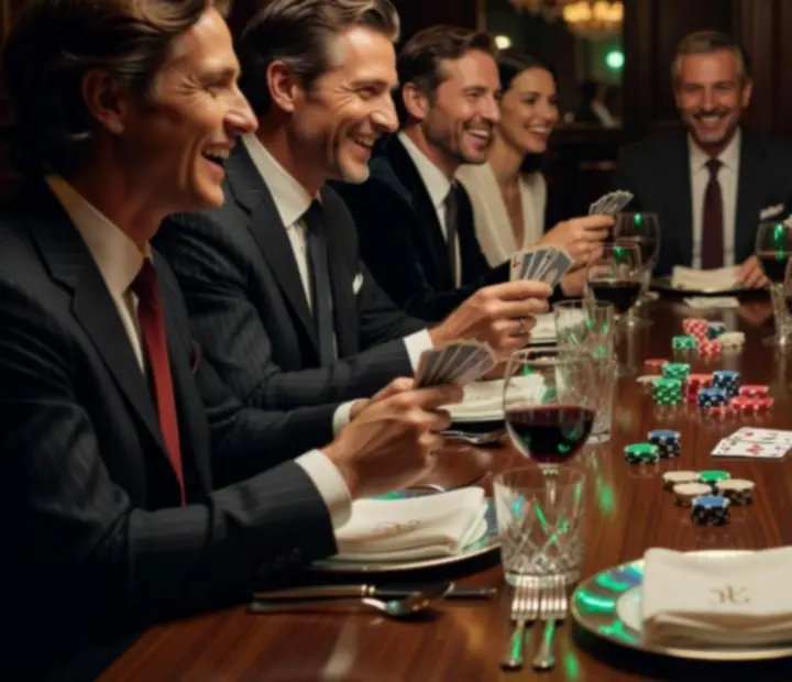 Invités réunis autour d’une table Monteloria G avec ambiance sombre et lumière verte