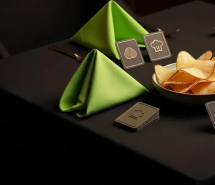 Détails de table thématique avec nappes sombres, chips symboliques et accents vert acide